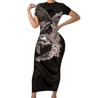 Hawaiian Plumeria and Hibiscus with Turtles Family Matching Short Sleeve Bodycon Dress and Hawaiian Shirt Polynesian Art Grayscale LT03 Mom's Dress Black - Polynesian Pride