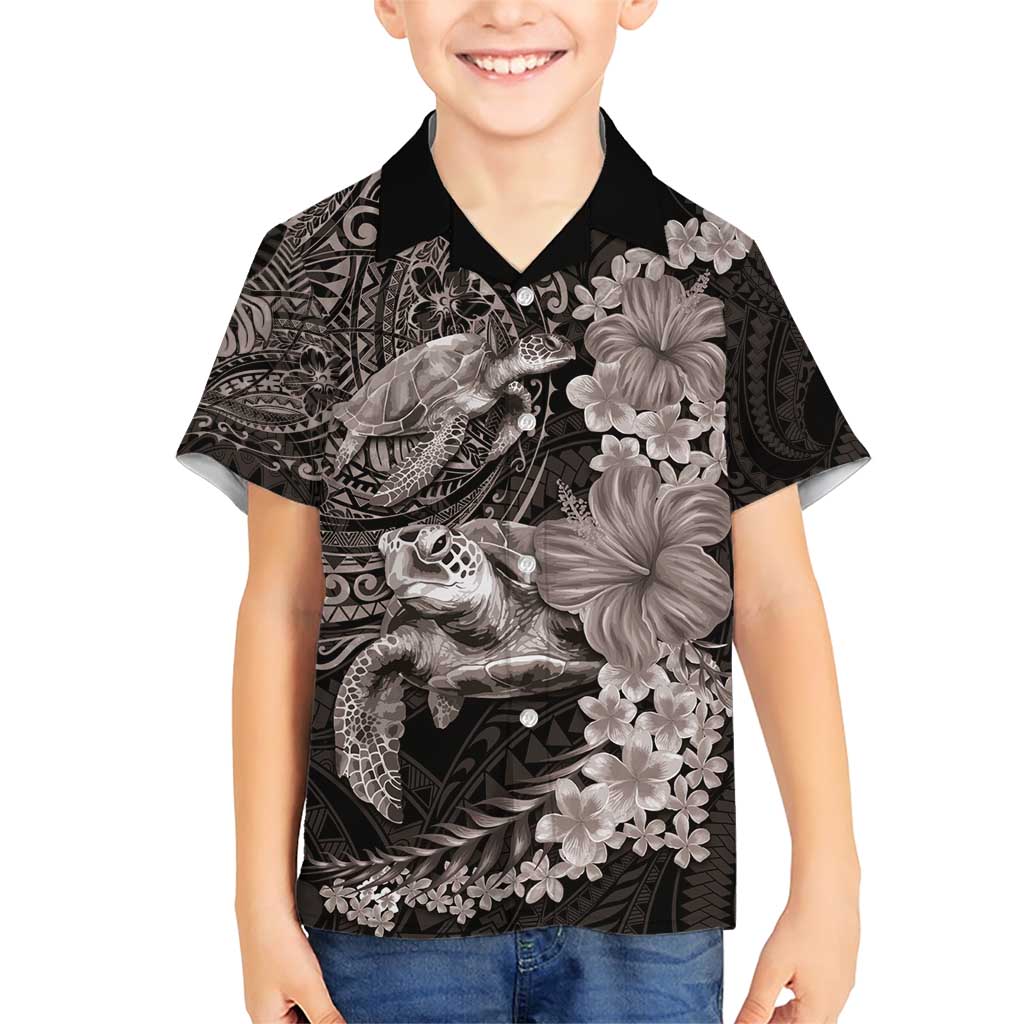 Hawaiian Plumeria and Hibiscus with Turtles Family Matching Short Sleeve Bodycon Dress and Hawaiian Shirt Polynesian Art Grayscale LT03 Son's Shirt Black - Polynesian Pride
