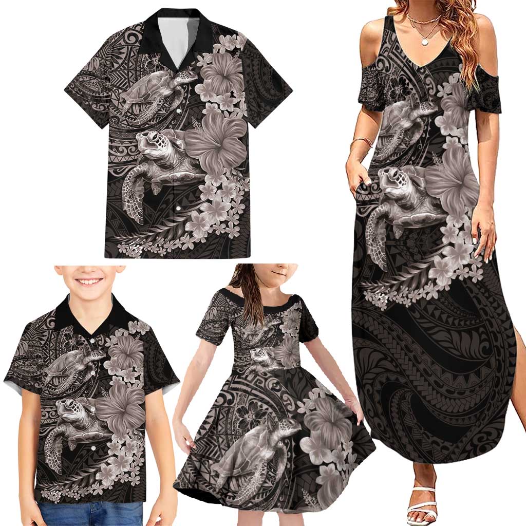 Hawaiian Plumeria and Hibiscus with Turtles Family Matching Summer Maxi Dress and Hawaiian Shirt Polynesian Art Grayscale LT03 - Polynesian Pride