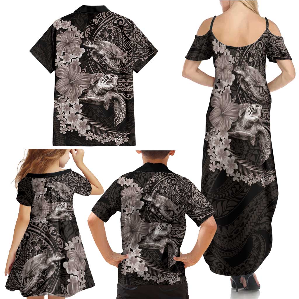 Hawaiian Plumeria and Hibiscus with Turtles Family Matching Summer Maxi Dress and Hawaiian Shirt Polynesian Art Grayscale LT03 - Polynesian Pride