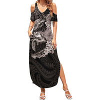 Hawaiian Plumeria and Hibiscus with Turtles Family Matching Summer Maxi Dress and Hawaiian Shirt Polynesian Art Grayscale LT03 Mom's Dress Black - Polynesian Pride