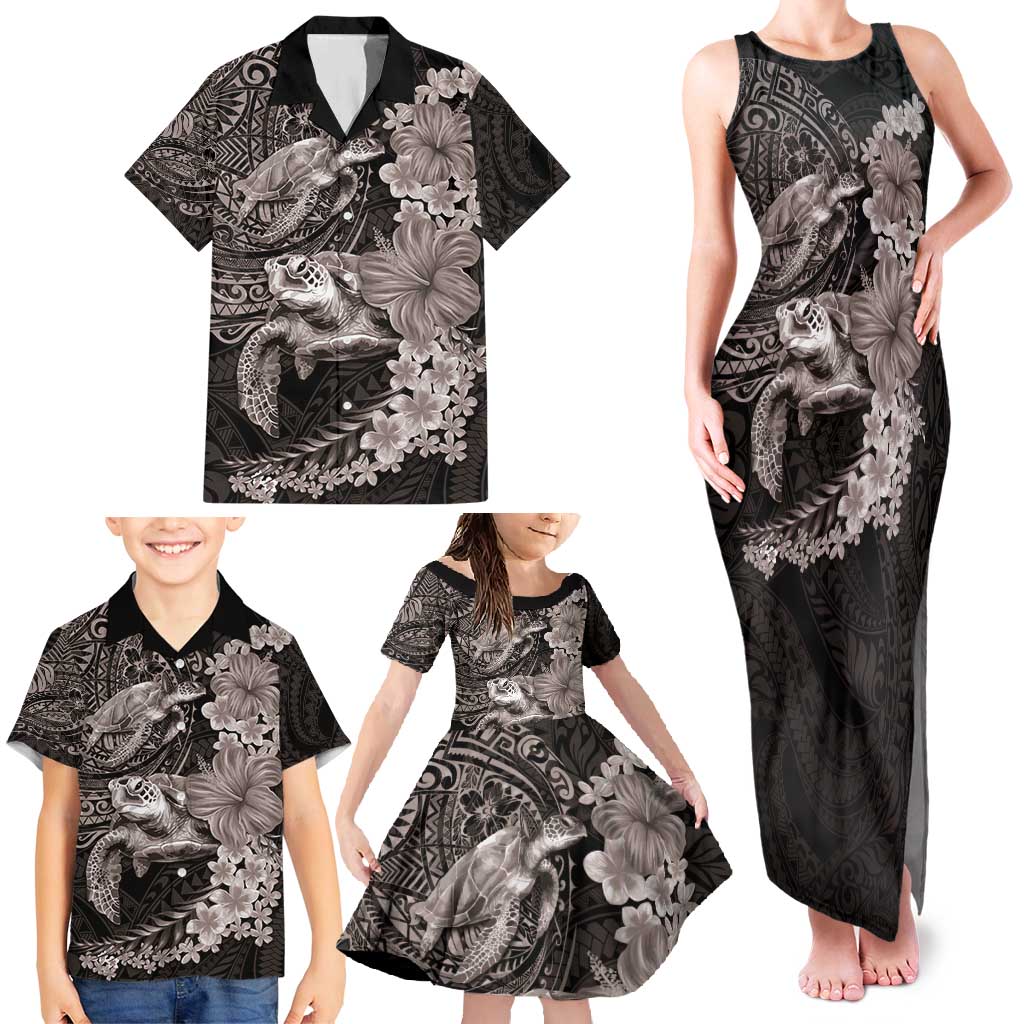 Hawaiian Plumeria and Hibiscus with Turtles Family Matching Tank Maxi Dress and Hawaiian Shirt Polynesian Art Grayscale LT03 - Polynesian Pride