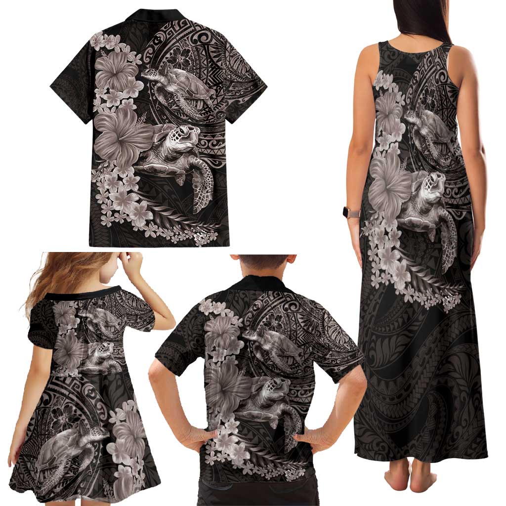 Hawaiian Plumeria and Hibiscus with Turtles Family Matching Tank Maxi Dress and Hawaiian Shirt Polynesian Art Grayscale LT03 - Polynesian Pride