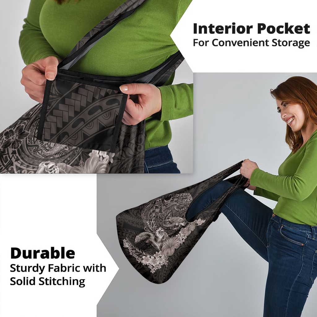 Hawaiian Plumeria and Hibiscus with Turtles Grocery Bag Polynesian Art Grayscale - Polynesian Pride