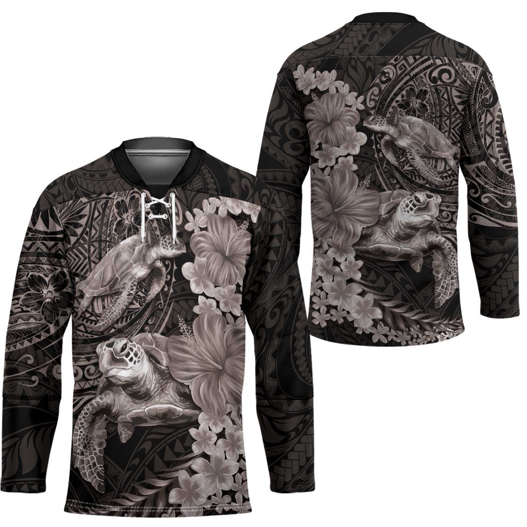 Hawaiian Plumeria and Hibiscus with Turtles Hockey Jersey Polynesian Art Grayscale - Polynesian Pride