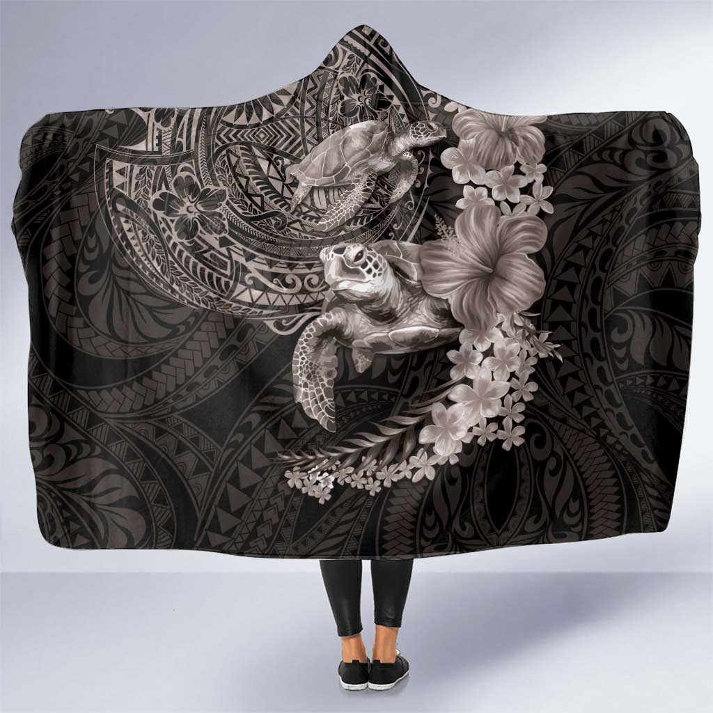 Hawaiian Plumeria and Hibiscus with Turtles Hooded Blanket Polynesian Art Grayscale - Polynesian Pride