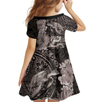 Hawaiian Plumeria and Hibiscus with Turtles Kid Short Sleeve Dress Polynesian Art Grayscale - Polynesian Pride