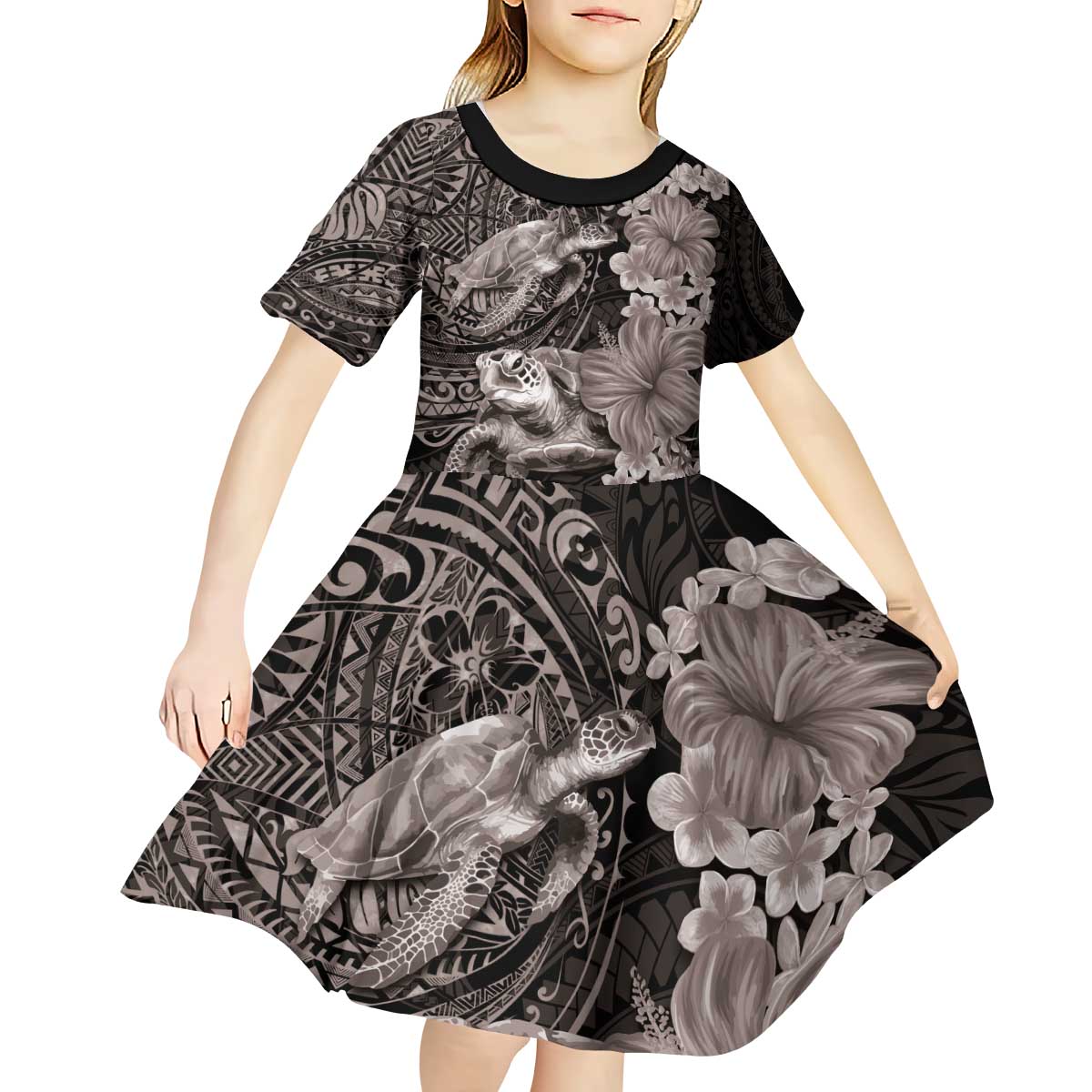 Hawaiian Plumeria and Hibiscus with Turtles Kid Short Sleeve Dress Polynesian Art Grayscale - Polynesian Pride
