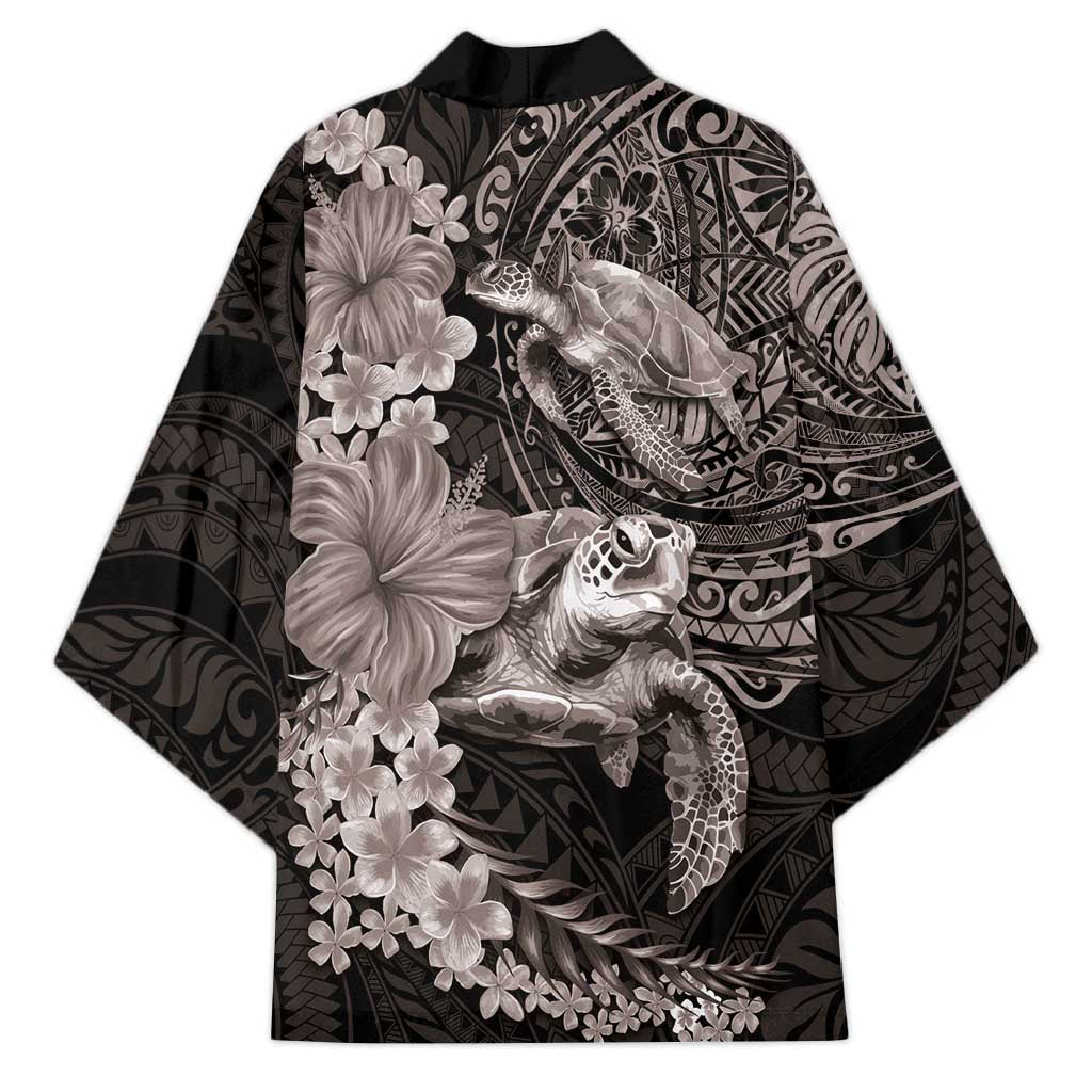 Hawaiian Plumeria and Hibiscus with Turtles Kimono Polynesian Art Grayscale - Polynesian Pride