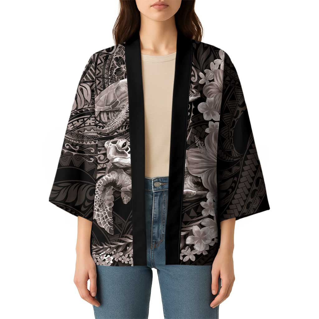 Hawaiian Plumeria and Hibiscus with Turtles Kimono Polynesian Art Grayscale - Polynesian Pride