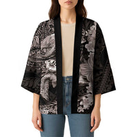 Hawaiian Plumeria and Hibiscus with Turtles Kimono Polynesian Art Grayscale - Polynesian Pride