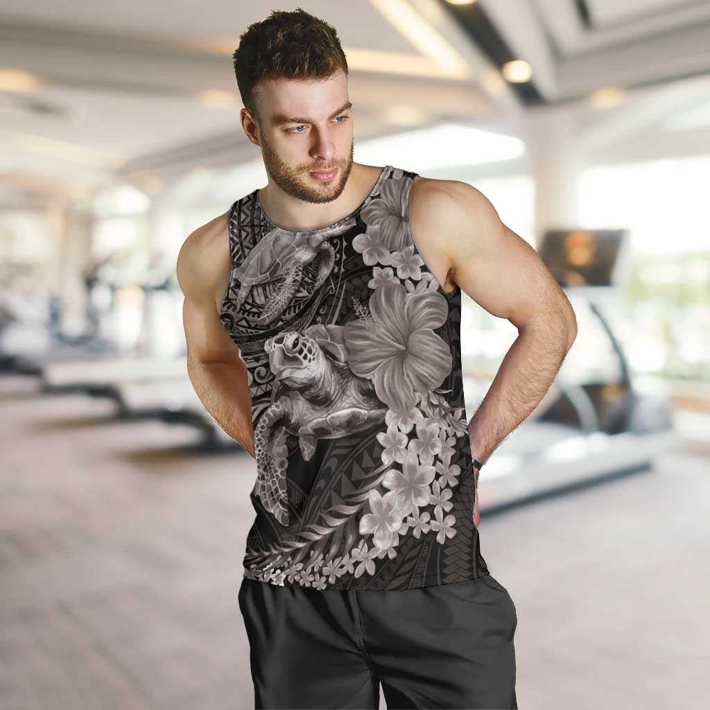 Hawaiian Plumeria and Hibiscus with Turtles Men Tank Top Polynesian Art Grayscale - Polynesian Pride