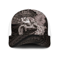Hawaiian Plumeria and Hibiscus with Turtles Mesh Trucker Cap Polynesian Art Grayscale - Polynesian Pride