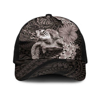 Hawaiian Plumeria and Hibiscus with Turtles Mesh Trucker Cap Polynesian Art Grayscale - Polynesian Pride