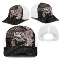 Hawaiian Plumeria and Hibiscus with Turtles Mesh Trucker Cap Polynesian Art Grayscale - Polynesian Pride