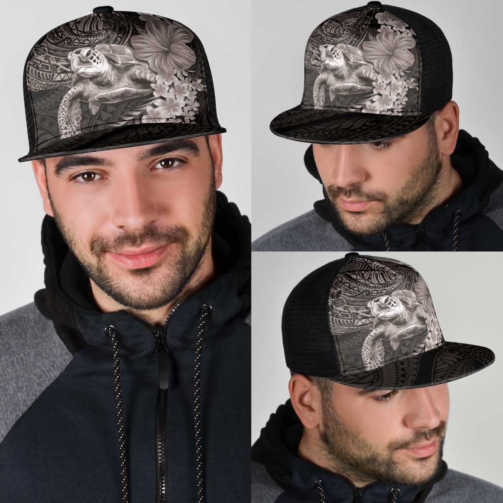 Hawaiian Plumeria and Hibiscus with Turtles Mesh Trucker Cap Polynesian Art Grayscale - Polynesian Pride