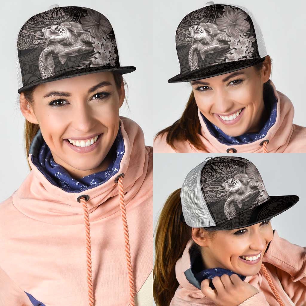 Hawaiian Plumeria and Hibiscus with Turtles Mesh Trucker Cap Polynesian Art Grayscale - Polynesian Pride