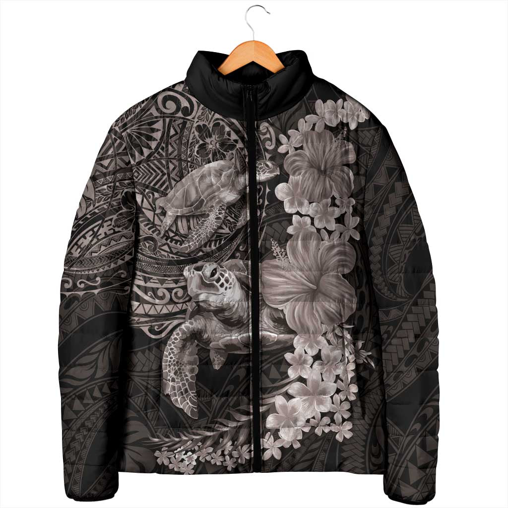 Hawaiian Plumeria and Hibiscus with Turtles Padded Jacket Polynesian Art Grayscale - Polynesian Pride