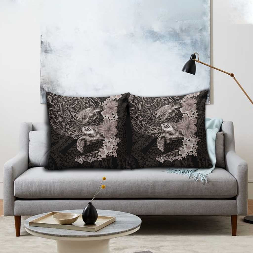 Hawaiian Plumeria and Hibiscus with Turtles Pillow Cover Polynesian Art Grayscale - Polynesian Pride