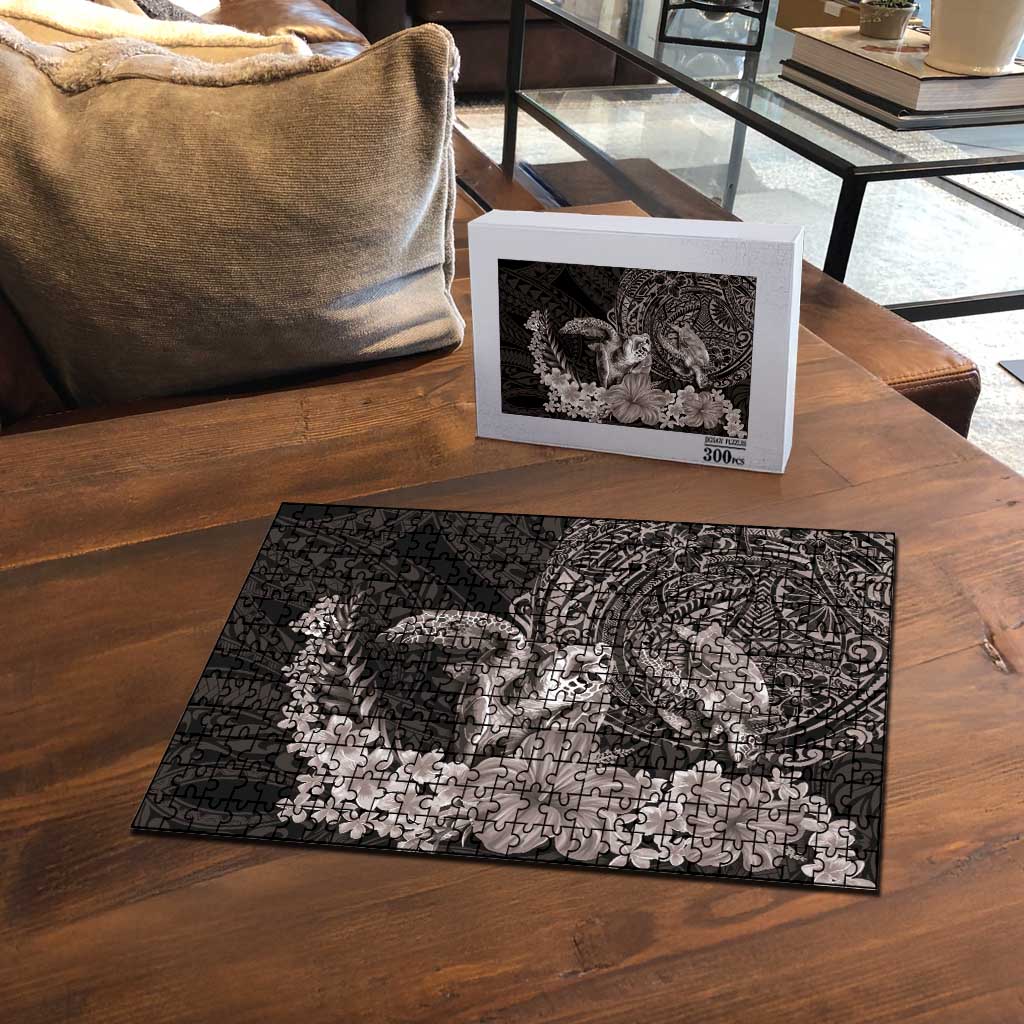 Hawaiian Plumeria and Hibiscus with Turtles Puzzle Polynesian Art Grayscale - Polynesian Pride