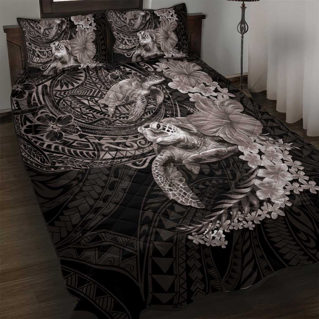 Hawaiian Plumeria and Hibiscus with Turtles Quilt Bed Set Polynesian Art Grayscale - Polynesian Pride