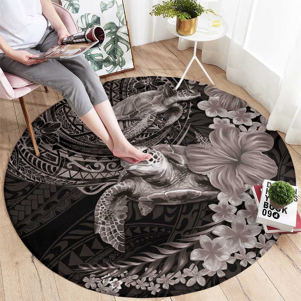 Hawaiian Plumeria and Hibiscus with Turtles Round Carpet Polynesian Art Grayscale - Polynesian Pride