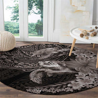 Hawaiian Plumeria and Hibiscus with Turtles Round Carpet Polynesian Art Grayscale - Polynesian Pride
