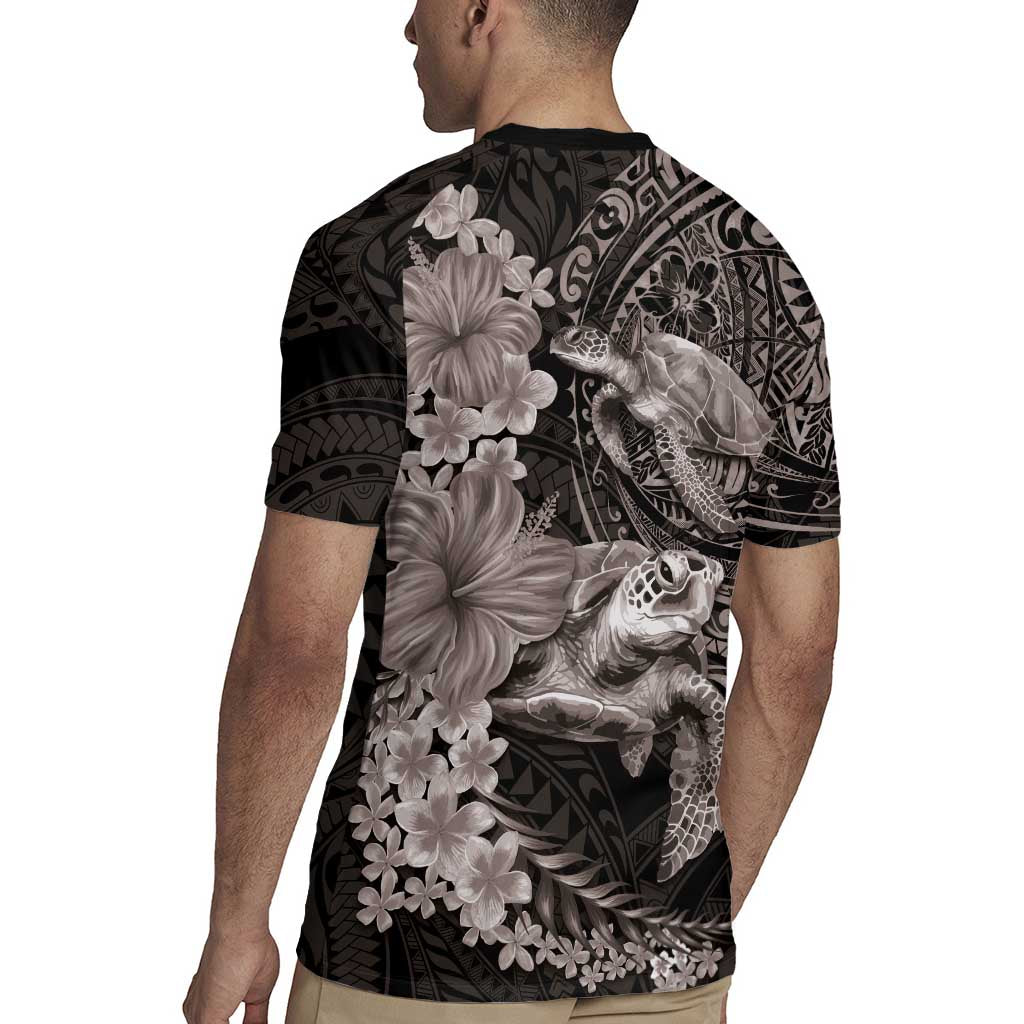 Hawaiian Plumeria and Hibiscus with Turtles Rugby Jersey Polynesian Art Grayscale - Polynesian Pride