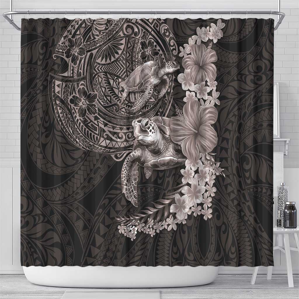 Hawaiian Plumeria and Hibiscus with Turtles Shower Curtain Polynesian Art Grayscale - Polynesian Pride