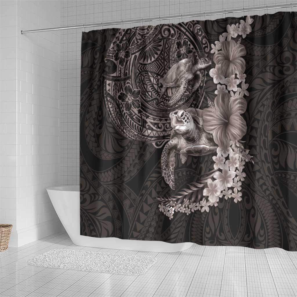 Hawaiian Plumeria and Hibiscus with Turtles Shower Curtain Polynesian Art Grayscale - Polynesian Pride