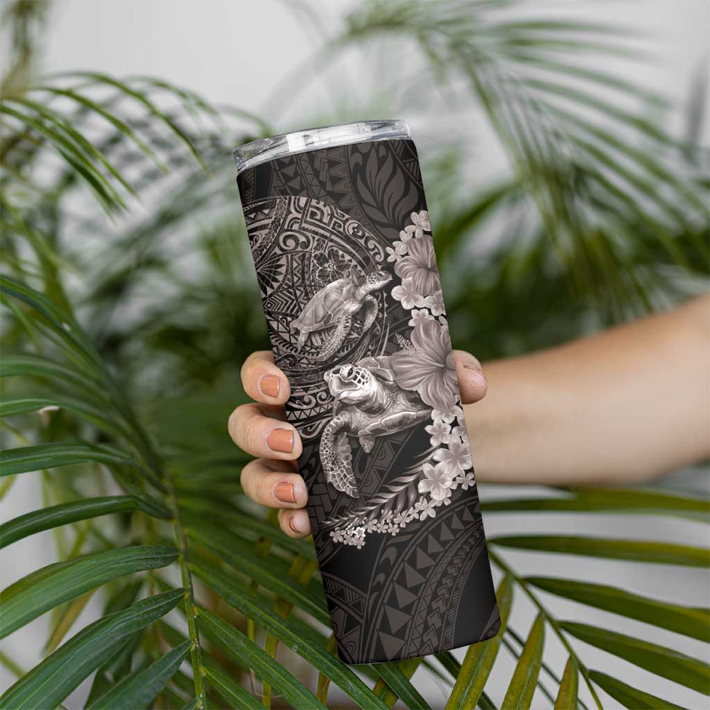 Hawaiian Plumeria and Hibiscus with Turtles Skinny Tumbler Polynesian Art Grayscale - Polynesian Pride