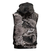 Hawaiian Plumeria and Hibiscus with Turtles Sleeveless Hoodie Polynesian Art Grayscale - Polynesian Pride