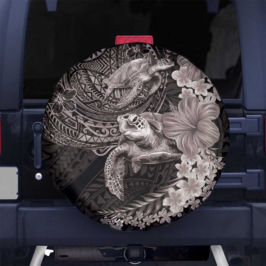 Hawaiian Plumeria and Hibiscus with Turtles Spare Tire Cover Polynesian Art Grayscale - Polynesian Pride