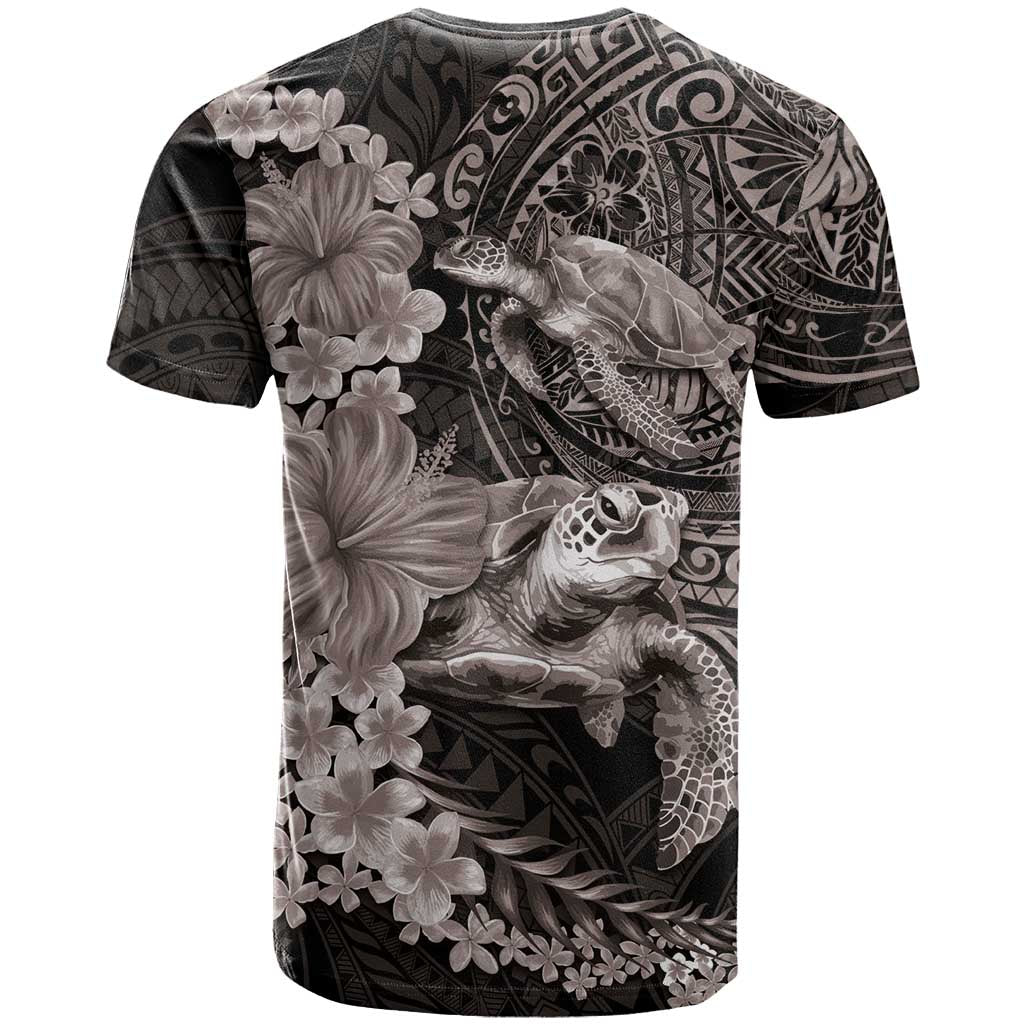 Hawaiian Plumeria and Hibiscus with Turtles T Shirt Polynesian Art Grayscale - Polynesian Pride
