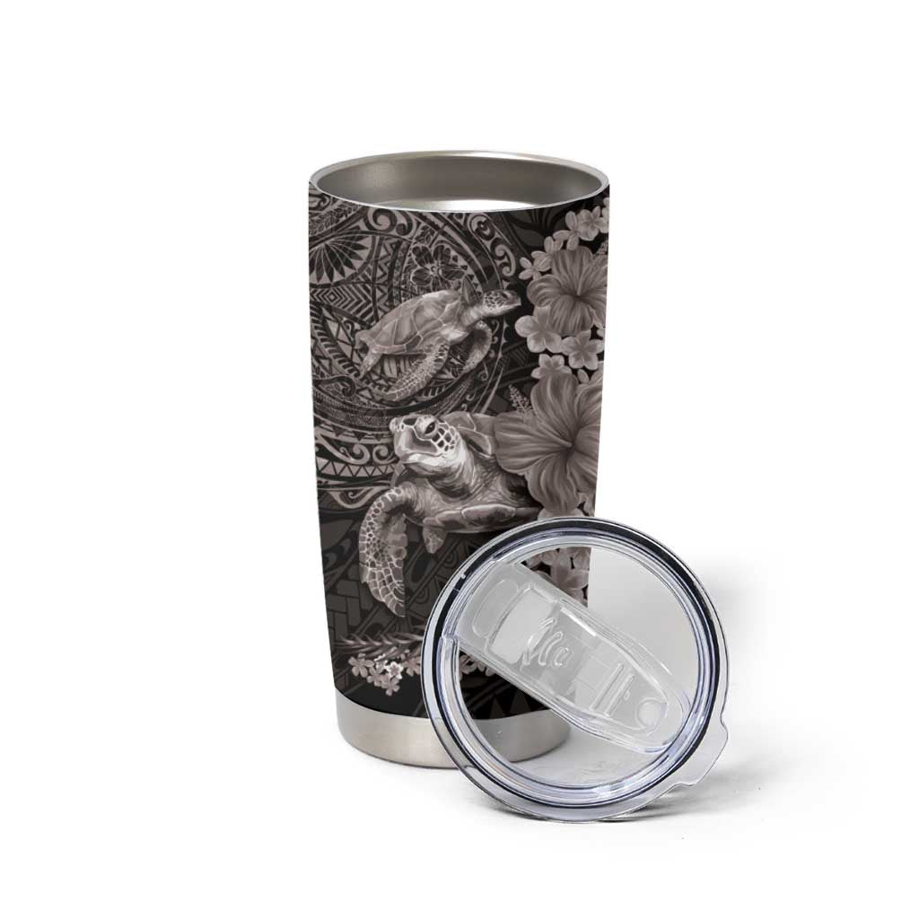 Hawaiian Plumeria and Hibiscus with Turtles Tumbler Cup Polynesian Art Grayscale - Polynesian Pride
