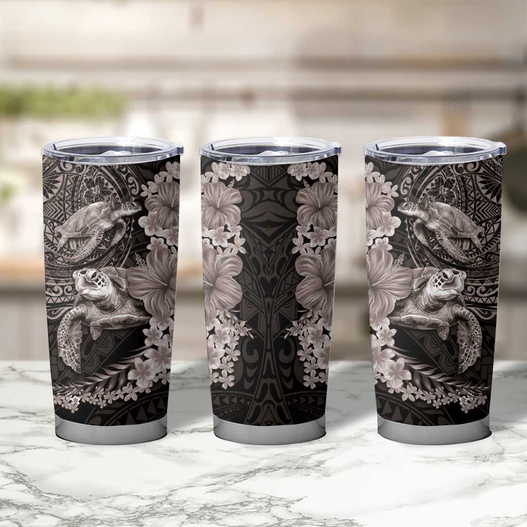 Hawaiian Plumeria and Hibiscus with Turtles Tumbler Cup Polynesian Art Grayscale - Polynesian Pride