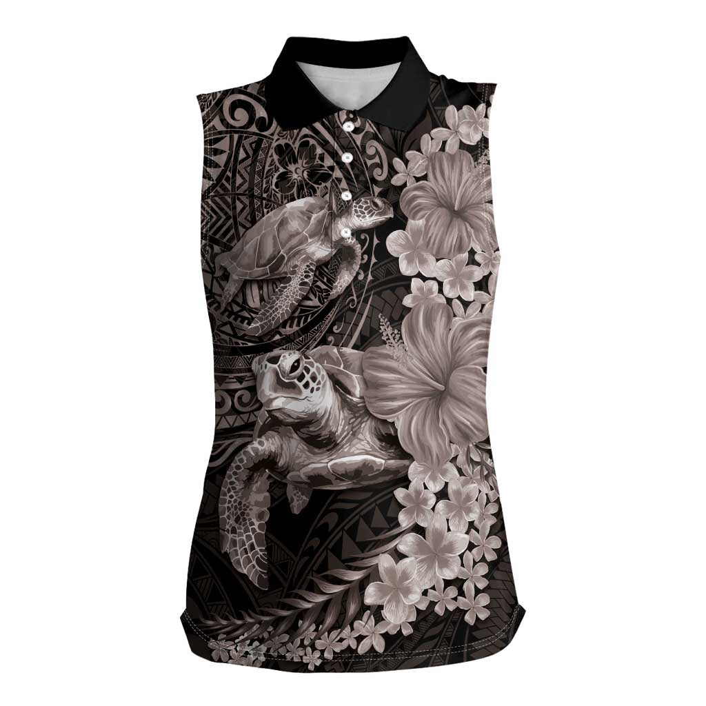 Hawaiian Plumeria and Hibiscus with Turtles Women Sleeveless Polo Shirt Polynesian Art Grayscale - Polynesian Pride