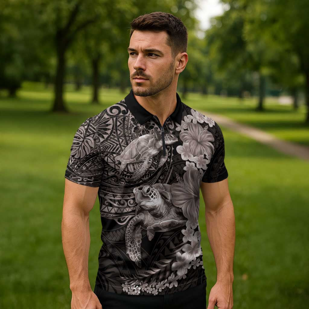 Hawaiian Plumeria and Hibiscus with Turtles Zipper Polo Shirt Polynesian Art Grayscale - Polynesian Pride