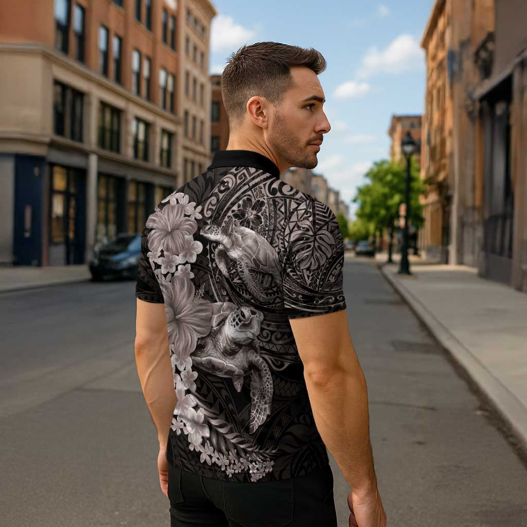 Hawaiian Plumeria and Hibiscus with Turtles Zipper Polo Shirt Polynesian Art Grayscale - Polynesian Pride
