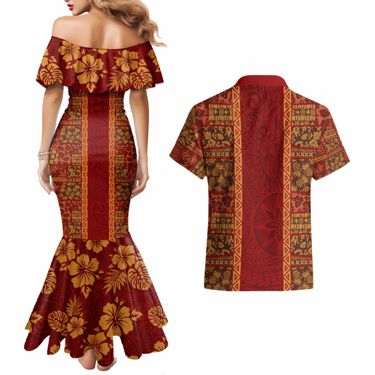 Hawaii Style Hibiscus and Tribal Element Fabric Patchwork Couples Matching Mermaid Dress and Hawaiian Shirt LT03 - Polynesian Pride