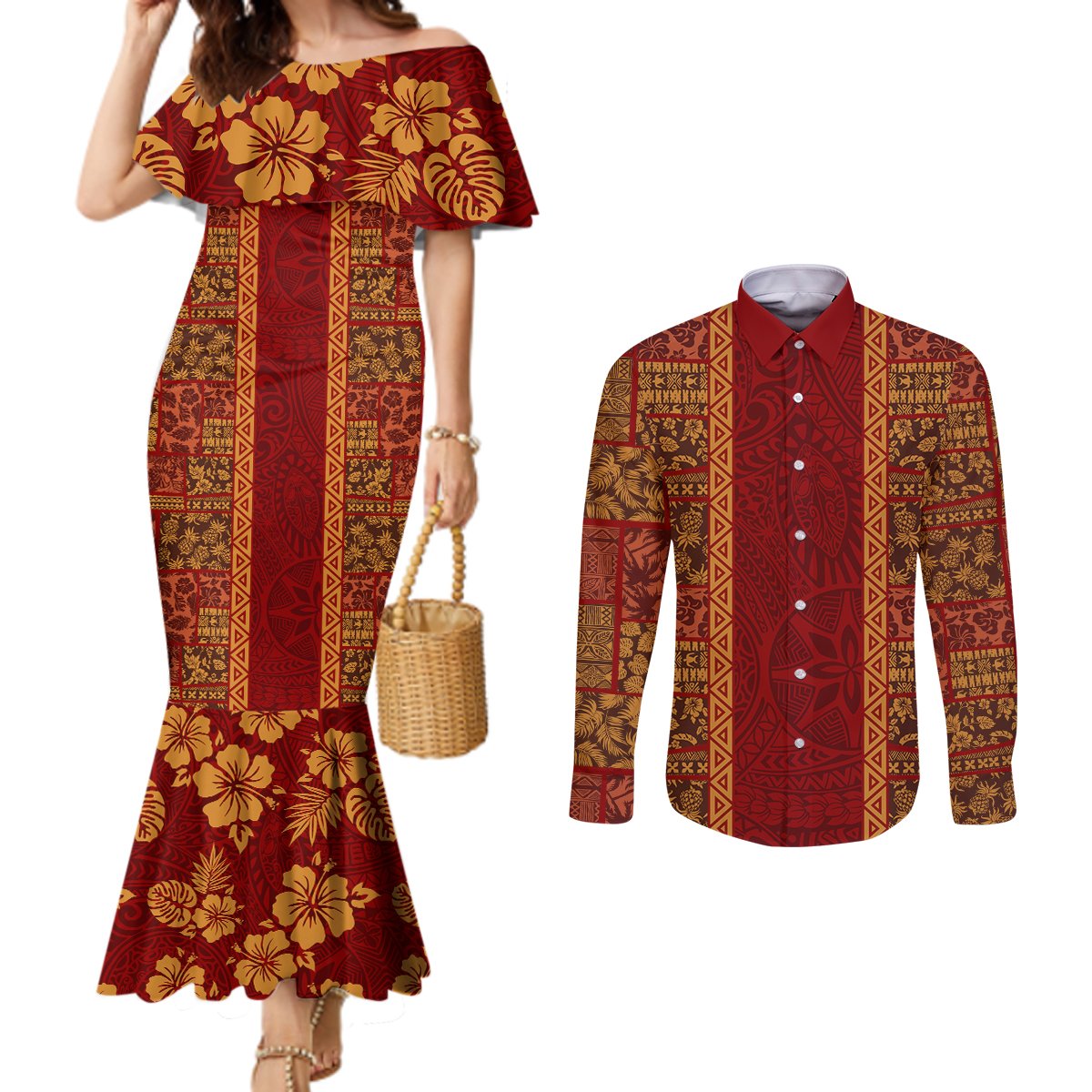 Hawaii Style Hibiscus and Tribal Element Fabric Patchwork Couples Matching Mermaid Dress and Long Sleeve Button Shirt LT03 Red - Polynesian Pride