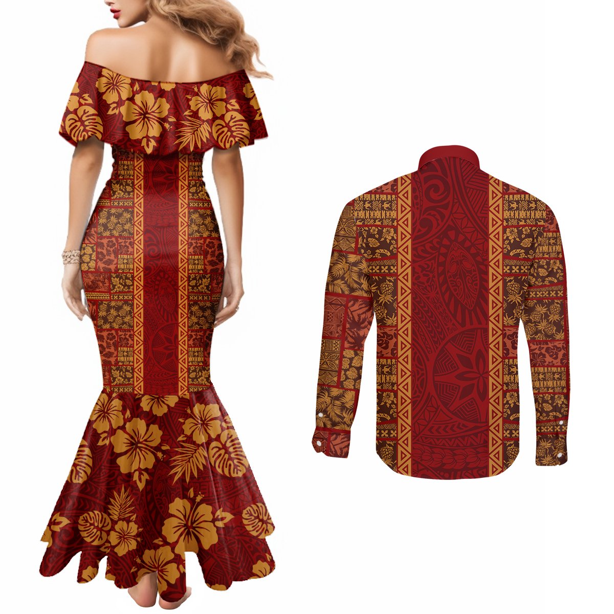 Hawaii Style Hibiscus and Tribal Element Fabric Patchwork Couples Matching Mermaid Dress and Long Sleeve Button Shirt LT03 - Polynesian Pride