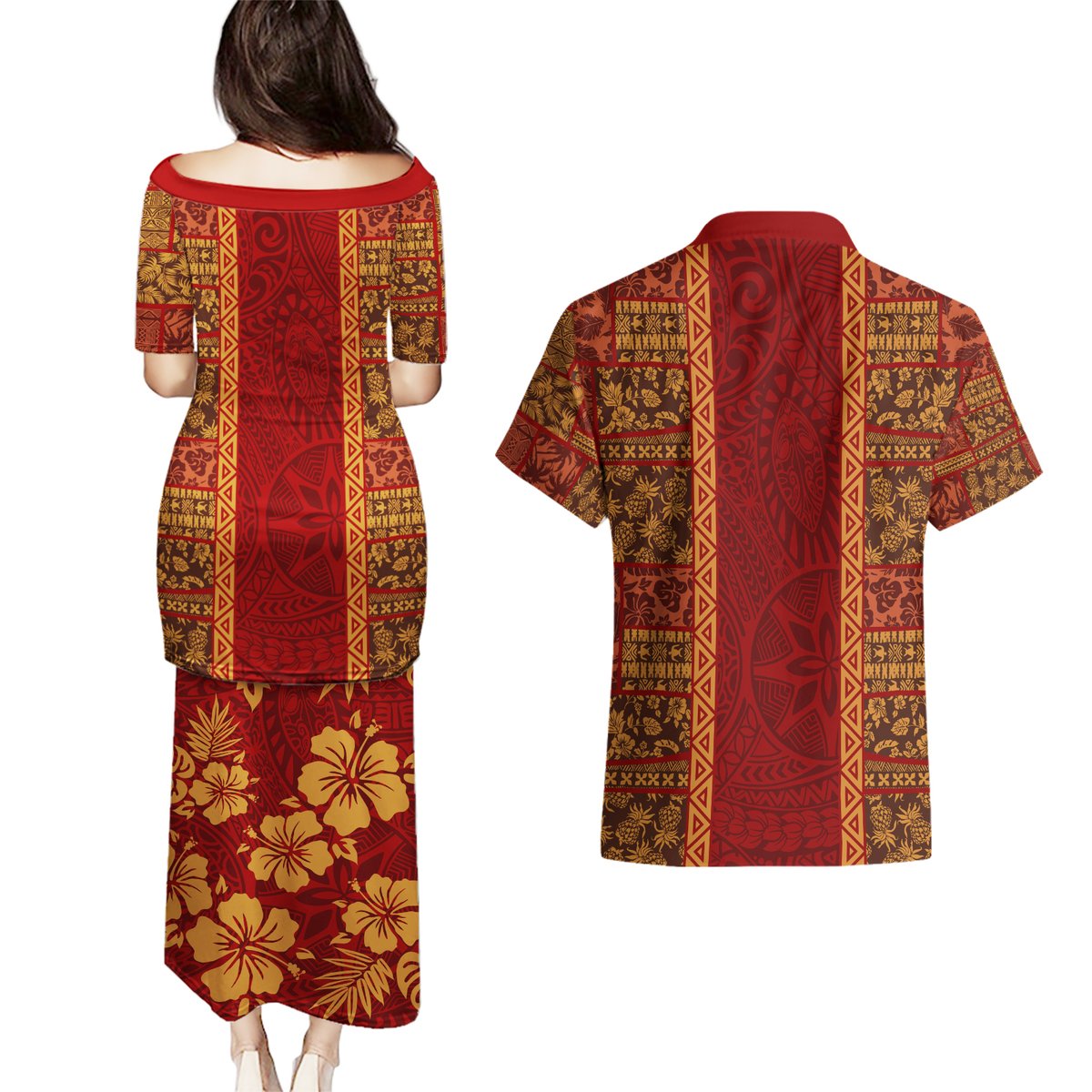 Hawaii Style Hibiscus and Tribal Element Fabric Patchwork Couples Matching Puletasi Dress and Hawaiian Shirt LT03 - Polynesian Pride