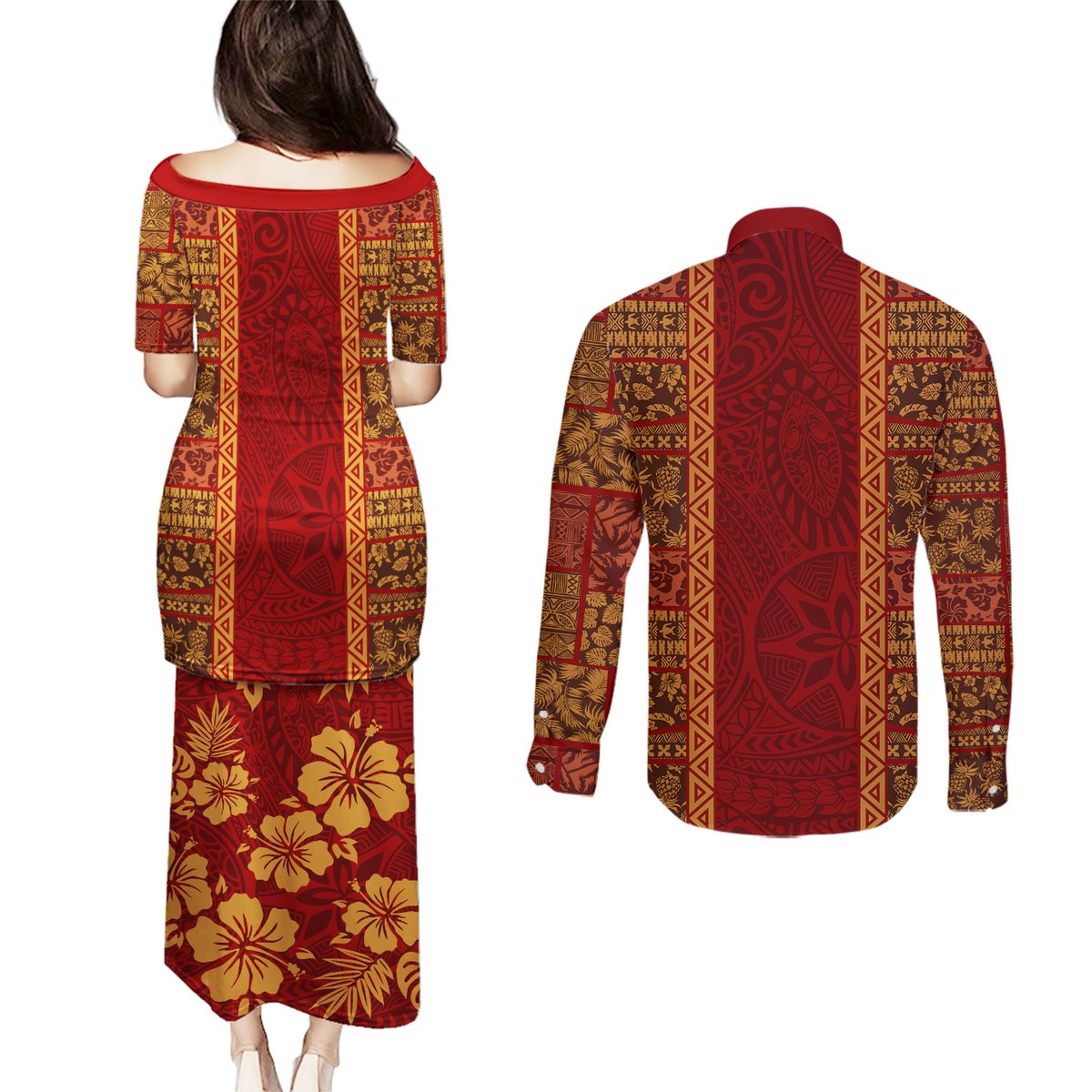 Hawaii Style Hibiscus and Tribal Element Fabric Patchwork Couples Matching Puletasi Dress and Long Sleeve Button Shirt LT03 - Polynesian Pride