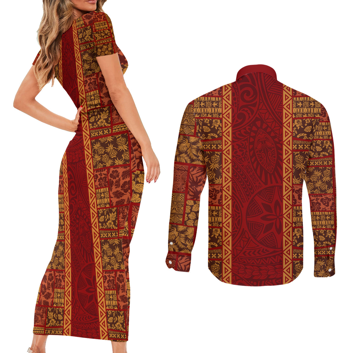 Hawaii Style Hibiscus and Tribal Element Fabric Patchwork Couples Matching Short Sleeve Bodycon Dress and Long Sleeve Button Shirt LT03 - Polynesian Pride