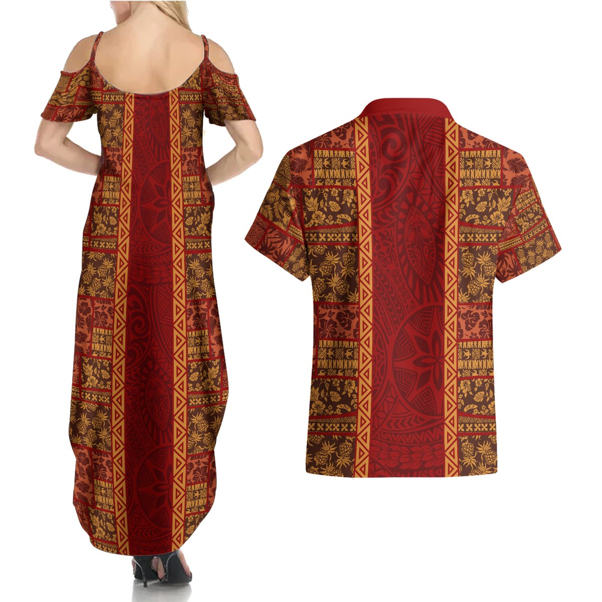Hawaii Style Hibiscus and Tribal Element Fabric Patchwork Couples Matching Summer Maxi Dress and Hawaiian Shirt LT03 - Polynesian Pride