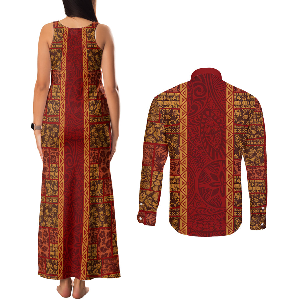Hawaii Style Hibiscus and Tribal Element Fabric Patchwork Couples Matching Tank Maxi Dress and Long Sleeve Button Shirt LT03 - Polynesian Pride