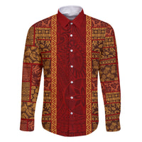 Hawaii Style Hibiscus and Tribal Element Fabric Patchwork Family Matching Mermaid Dress and Hawaiian Shirt LT03 Dad's Shirt - Long Sleeve Red - Polynesian Pride