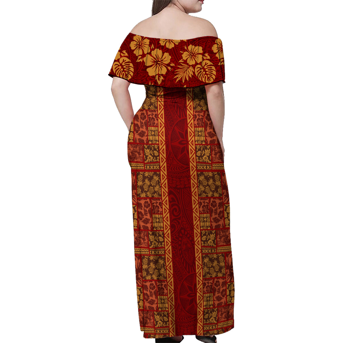 Hawaii Style Hibiscus and Tribal Element Fabric Patchwork Family Matching Off Shoulder Maxi Dress and Hawaiian Shirt LT03 - Polynesian Pride