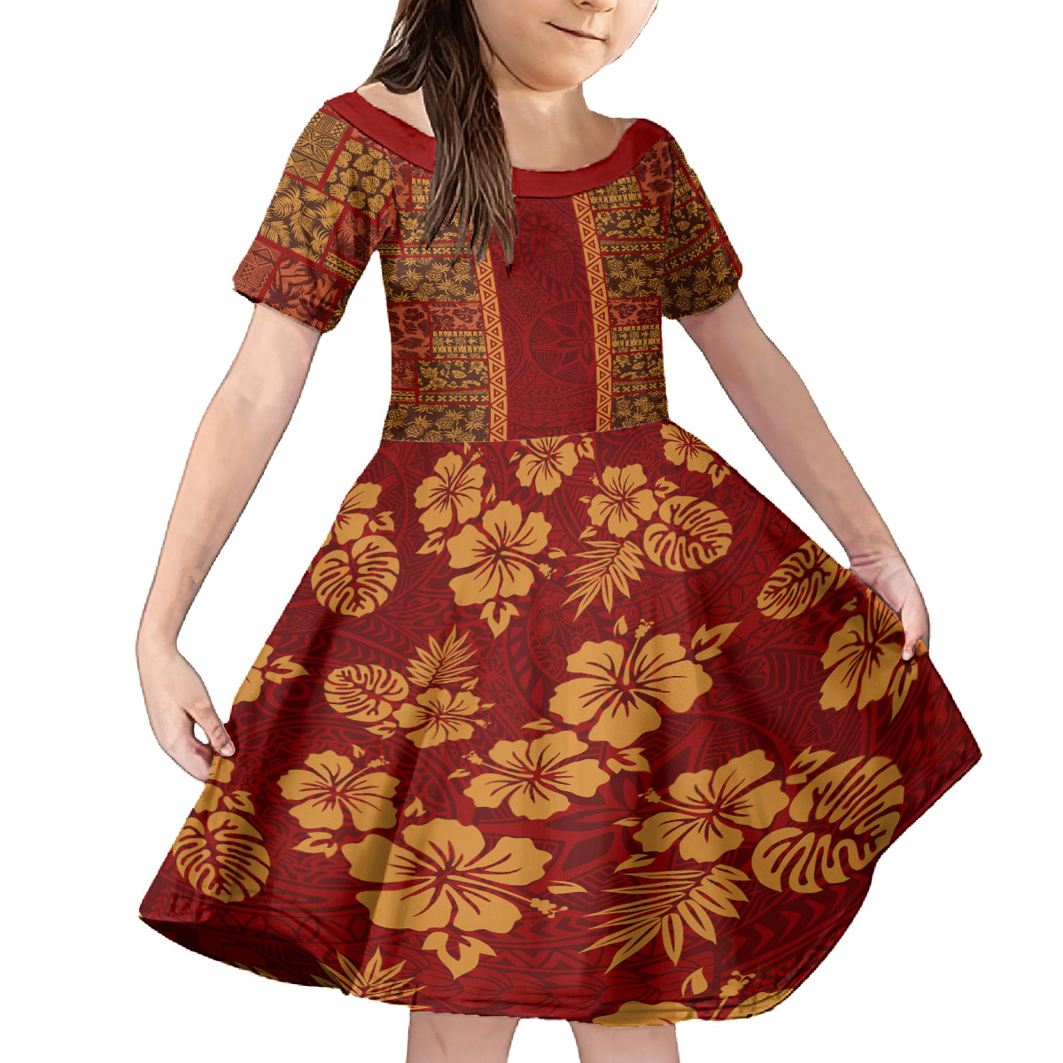 Hawaii Style Hibiscus and Tribal Element Fabric Patchwork Family Matching Tank Maxi Dress and Hawaiian Shirt LT03 Daughter's Dress Red - Polynesian Pride